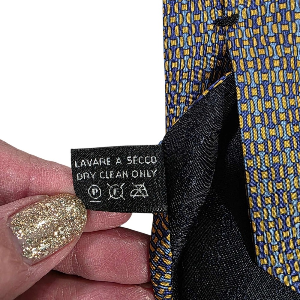 GUCCI Silk Tie Blue Yellow Geometric Pattern Made in Italy Men's Luxury Designer - Picture 12 of 13
